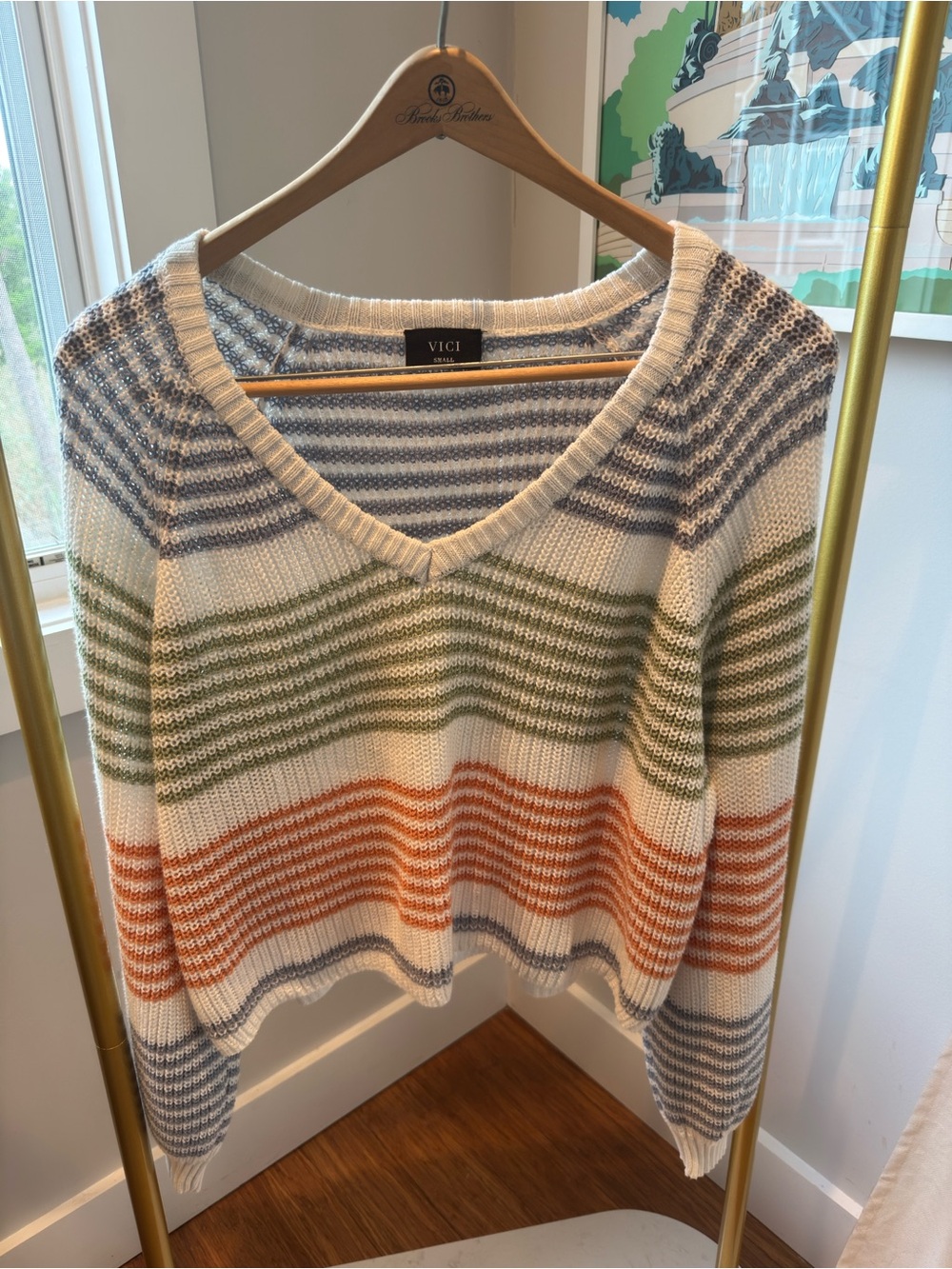 VICI Cream V-Neck Sweater with Blue, Green & Orange Stripes